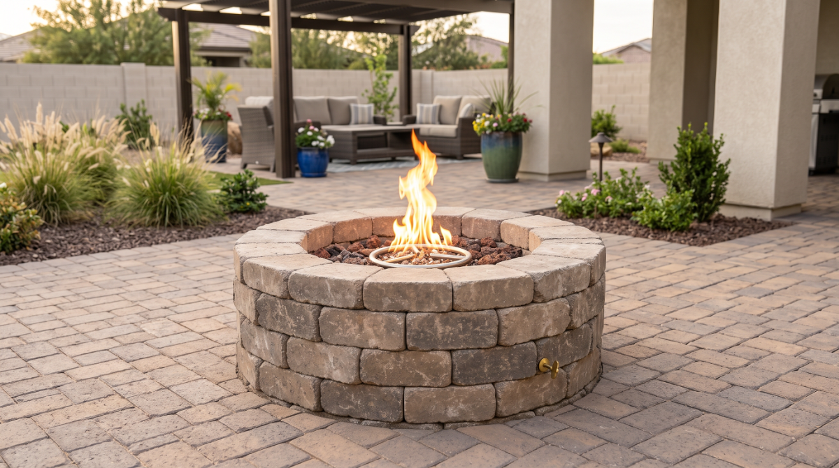 Stone gas fire pit lit on a paver patio at dusk